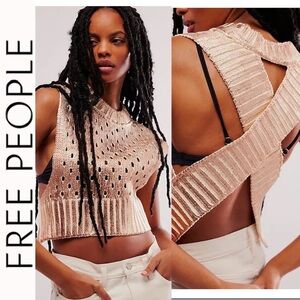 NWT Free People Cassius Rose Gold Metallic Open Stitch Sweater Vest m